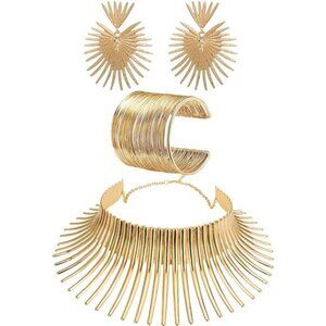 Bohemian Statement Gold Collar Necklace, Cuff Bracelet & Earrings Set Tribal
